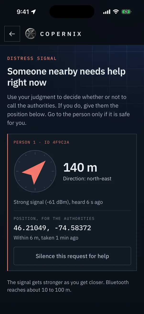 The distress alert screen: someone nearby needs help right now, with an arrow pointing north-east, 140 m, a strong signal, and the person's position for the authorities