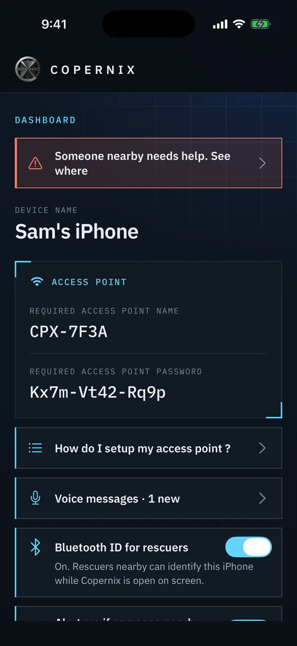 The Copernix app's main screen: a banner saying someone nearby needs help, the device name, the access point name and password, and buttons for the setup guide and voice messages