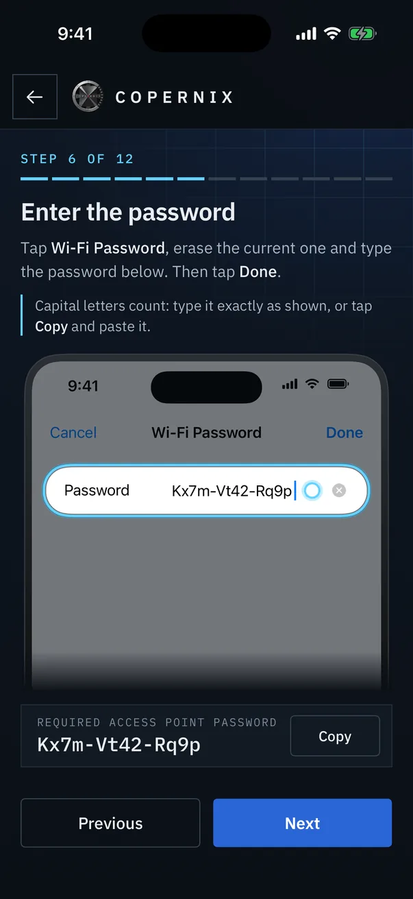 Step 6 of 12 of the access point guide: an iPhone Settings screen with the Wi-Fi Password field, and the required password with a Copy button