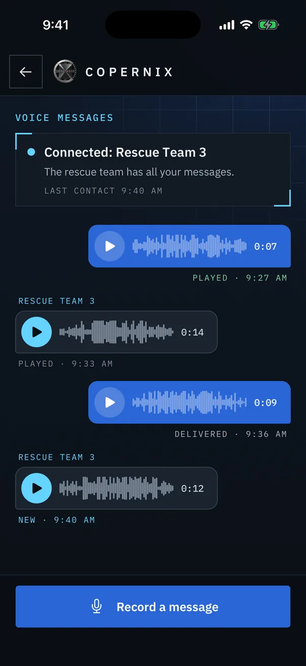 The voice messages screen, connected to Rescue Team 3: two messages sent, two received, one of them new, and a Record a message button
