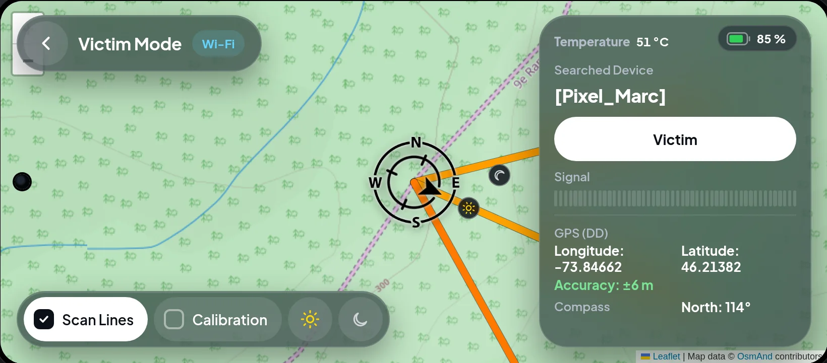 Active mode: the searched device Pixel_Marc and its scan lines drawn on the map from the operator's position