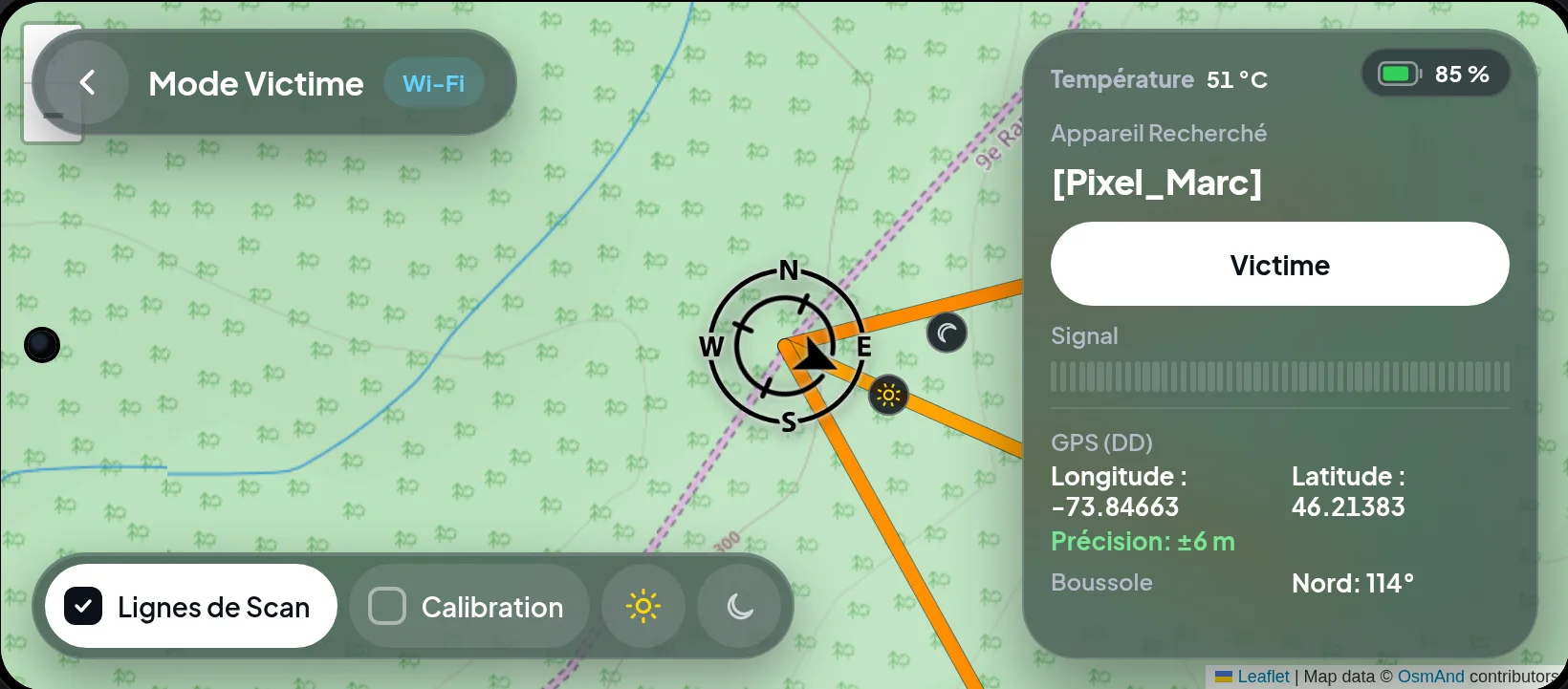 Mode Actif : l’appareil recherché Pixel_Marc et ses lignes de balayage tracées sur la carte depuis la position de l’opérateur
