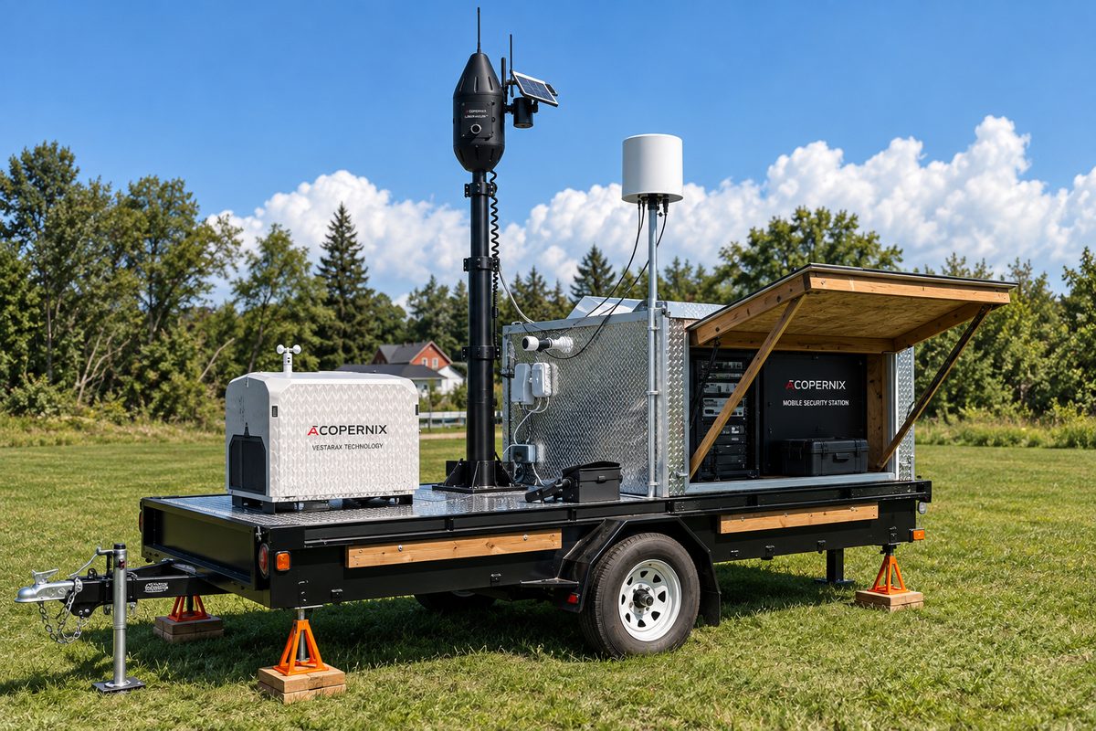 Rendu conceptuel d’une station mobile Vestarax Sentinel sur remorque, avec mât de capteurs